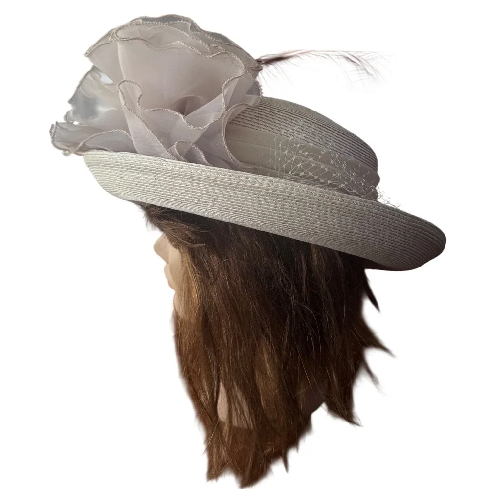 Joan Sylvia St Louis Vintage Cream  Dress Hat Organza Feather Derby‎ Jody  G EUC